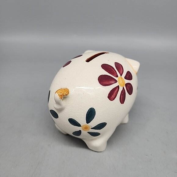 Vintage Piggy Bank Baby Pig Ceramic Figurine Flowers Hand Painted Japan 4" - Picture 4 of 6